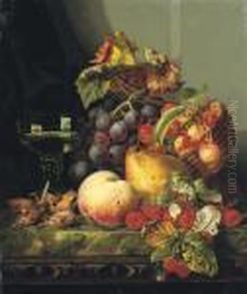 Still Life With Cob Nuts, Black
Grapes, A Basket Of Cherries, A Peach, A Pear, A Plum And Some
Raspberries, With A Glass, On A Marble Ledge - view 1