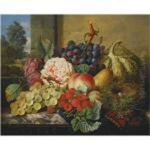 Still Life With Grapes, 
Raspberries, A Peach, Pear And Plums With A Bird's Nest On A Marble 
Table by Edward Ladell