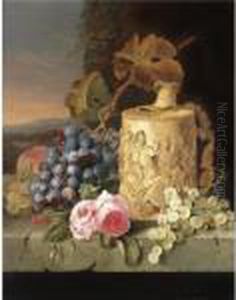 Still Life With Grapes, Roses And A Stein On A Marble Ledge by Edward Ladell