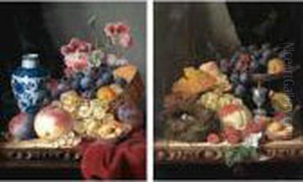 Still Life With A Blue And White
Vase, Peaches And Grapes; Still Life With A Bird's Nest, Fruit And A
Silver Tazza - view 1