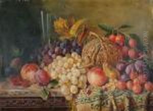A Still Life Of Fruit And A Glass Of Wine On A Ledge. by Edward Ladell