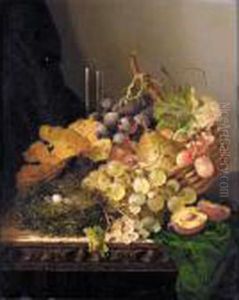 Still Life With A Bird's Nest, 
Pear, Grapes, Cherries And A Plum And A Glass Vase On A Ledge