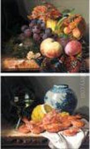 Still Life With Prawns, A Lemon,
 Wine Glass And Delft Pot; Still Life With Peaches, Plums, Cherries, 
Grapes A Pear And A Bird's Nest by Edward Ladell