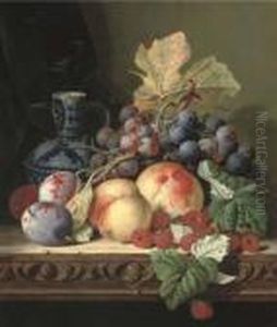 Plums, Peaches, Raspberries, Grapes And A Stoneware Jug On A Carvedtable
