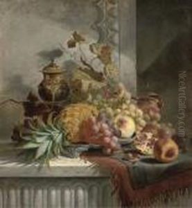 Pineapple, Grapes, Plums, Pomegranate, Peaches On A Silver Tray, On A Marble Ledge