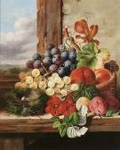 A Still Life Of Fruit In A Basket Beside A Robin's Nest On A Window Sill by Edward Ladell