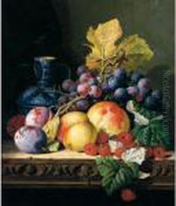 Still Life With A Stoneware Jug,
Peaches, Raspberries, Plums And Grapes On A Carved Ledge by Edward Ladell