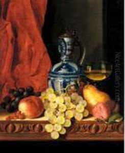 Still Life With Grapes, A Peach,
 Plums And A Pear On A Table With A Wine Glass And A Flask