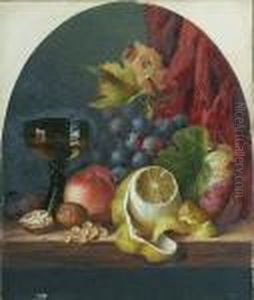 Still Life With Assorted Fruit, Nuts, And A Glass Of Wine, On A Ledge by Edward Ladell