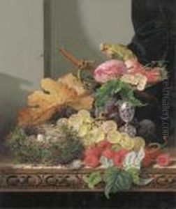 Plums, Strawberries And Grapes 
In A Tazza, With Black And White Grapes, Raspberries And A Bird's Nest 
On A Wooden Ledge by Edward Ladell