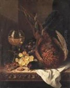 Still Life With A Pheasant, Grapes, Hazelnuts And A Hock Glass On Awooden Ledge by Edward Ladell