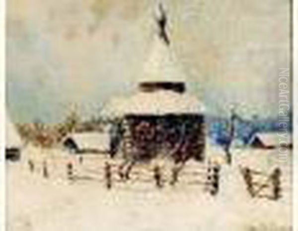 Paysage D'hiver Petite Isba Ou Chapelle Isolee Dans La Neige - view 1