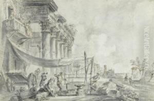 Capriccio With Antique Stone Masons In The Foreground by Jean-Baptiste Lallemand