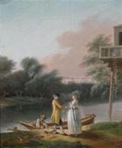 Elegantes Paar An Einem Flusufer
 Vor Einemboot; Eine Dame Mit Kind Vor Einer Brucke In Einem Wald by Jean-Baptiste Lallemand