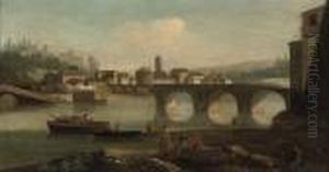 Figures Resting On A Bank Before A Ruined Bridge