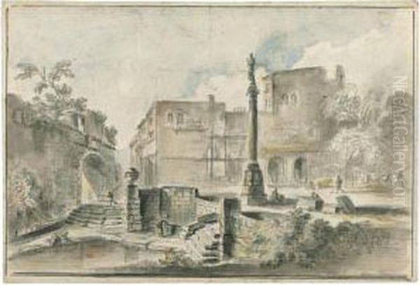 View Of A Piazza With An Obelisk By The Walls Of A City,washerwomen In The Foreground - view 1