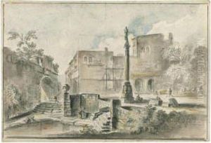 View Of A Piazza With An Obelisk By The Walls Of A City,washerwomen In The Foreground