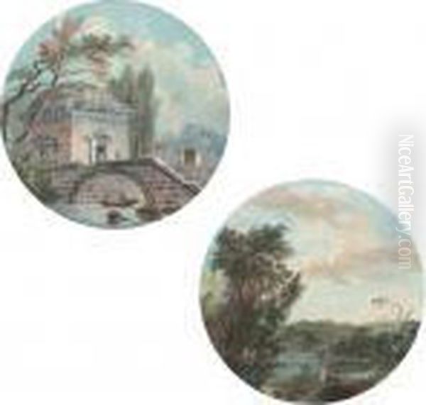 Un Temple Recouvert D'un Dome Et Des Personnages Dans Une Barque Sous Un Pont De Pierre - view 1