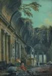 Promeneurs Pres D'un Sarcophage Dans Les Ruines D'un Temple