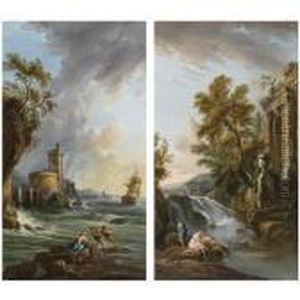 A Rocky Coastal Landscape With 
Fishermen Pulling In Theirnets; Bathers On The Rocks Beneath A Waterfall
 And An Ancient Romanruin