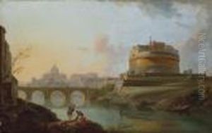 A View Of The Tiber, Rome, With The Castel Sant' Angelo And St. Peter's Beyond by Jean-Baptiste Lallemand