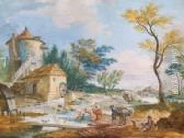 Fluslandschaft Mit Muhle, Wascherinnen Sowie Tierstaffage - view 1