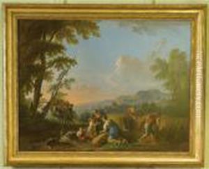 An Italianate Landscape With Peasants Taking In The Harvest by Jean-Baptiste Lallemand