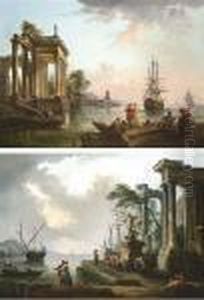 A Port With Elegant Figures And Fishermen On The Quay And Classical Ruins Beyond by Jean-Baptiste Lallemand