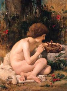 A young Shepherd feeding baby Chicks by Leon-Jean-Basile Perrault