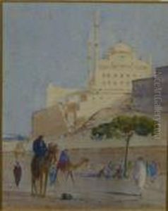 Egyptian Landscape With Two 
Figures On Camels Andfurther Figures In The Foreground, A Large Building
 Beyond