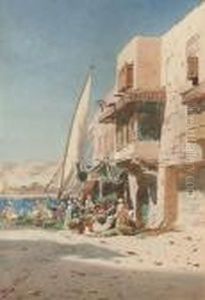 Arabs Unloading A Felucca On The
 Banks Of The Nile (illustrated); And Arabs On A Sunlit Street Before A 
Mosque by Augustus Osborne Lamplough
