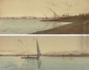 Bedouins Loading Barges On The Nile At Dusk; And A Barge On The Nile by Augustus Osborne Lamplough