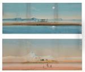 Desert Scene With Figure Before 
An Oasis, Together With Another Similar Of Figures Beore Desert Ruins, A
 Pair