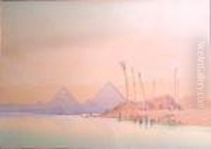 A Village On The Banks Of The Nile With The Pyramids Beyond by Augustus Osborne Lamplough