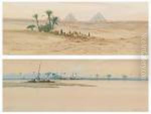 The Pyramids From The Desert; A Calm Evening On The Nile by Augustus Osborne Lamplough