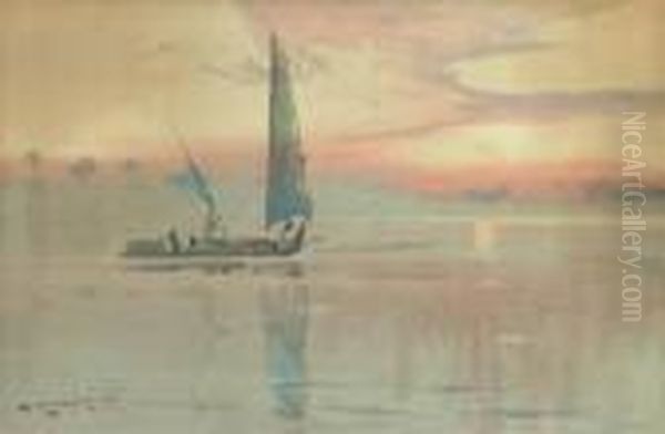 A Felucca On The Nile At Dusk (illustrated); And A Camel Traincrossing The Desert - view 1