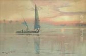 A Felucca On The Nile At Dusk (illustrated); And A Camel Traincrossing The Desert