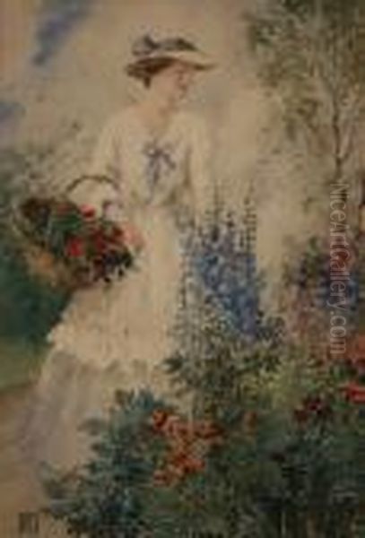Lady Picking Flowers In A Garden - view 1