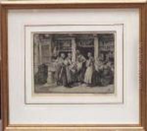Four Dutch Women Conversing At A Shop Doorway - Etching