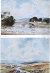 River With Bridge And Houses, Together With Another, A Moorland With Small Stream by Percy Lancaster