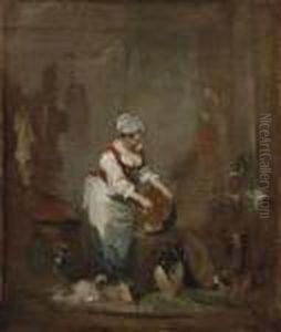 A Lady Cleaning A Copper Pot In An Interior, A Dog At Her Feet by Nicolas Lancret