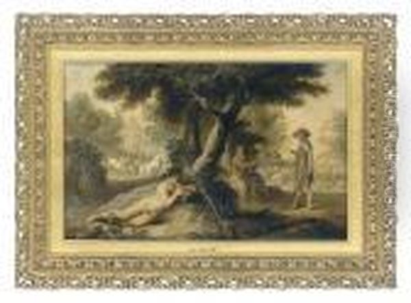 A Piper And Sheperds With Cattle, In A Wooded Landscape - view 1
