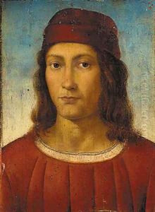 Portrait of a young man, bust-length, in a red tunic and pillbox hat by Pietro Vannucci Perugino