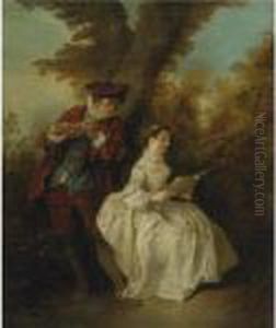 "le Duo", A Young Man Playing The Flute And A Young Woman Singing In A Landscape by Nicolas Lancret