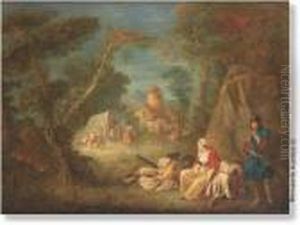 Hunting Party Resting In The Woods.panel by Nicolas Lancret