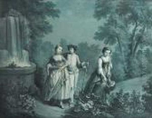 A Pair Of Lovers Beside An Ornamental Waterfall And A Maid Watering Plants - view 1