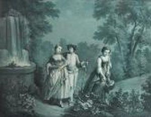 A Pair Of Lovers Beside An Ornamental Waterfall And A Maid Watering Plants by Nicolas Lancret