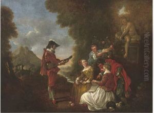 Elegant Company In A Landscape With A Gentleman Making Music by Nicolas Lancret