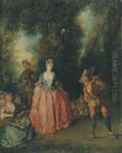 A Fete Galante: An Elegant Lady Dancing With Pulcinella In A Woodedlandscape by Nicolas Lancret