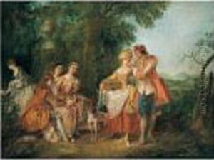 A ``fete Champetre' With Figures Conversing In A Parkland Setting by Nicolas Lancret